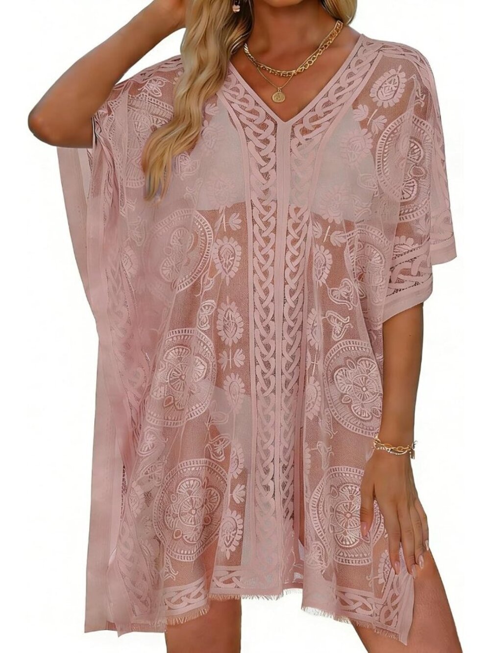 〽️Women Dusty Rose V Neck Beach Loose Bikini Lace Bathing Suit PolyesterCover Up